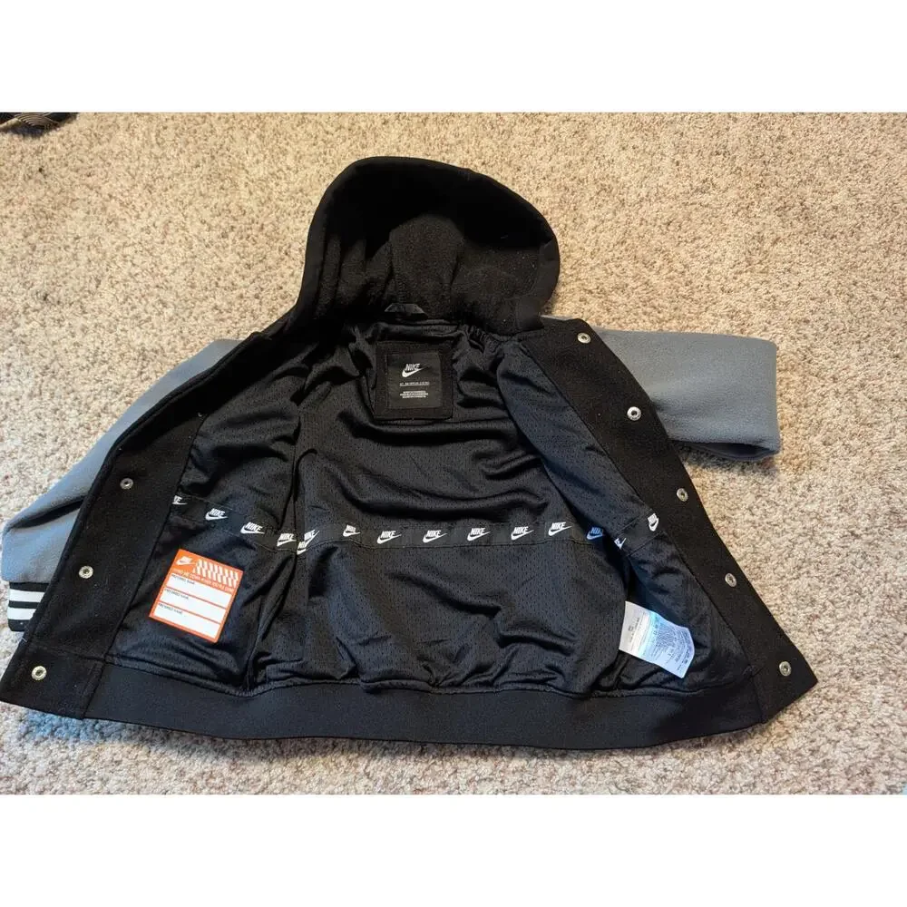 Nike Boys 4T Black Gray Color Block Hooded Varsity Jacket Futura Swoosh Coat